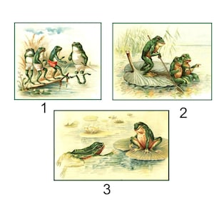 Peut inclure: Trois illustrations vintage de grenouilles dans différentes poses. La première image montre trois grenouilles en ligne, la deuxième image montre deux grenouilles sur un nénuphar, et la troisième image montre une seule grenouille assise sur un nénuphar.
