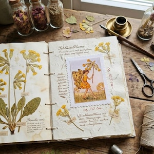 Könnte beinhalten: Ein offenes Herbarium mit gepressten gelben Blumen und botanischen Etiketten. Eine Vintage-Illustration einer Fee mit einer Blume ist abgebildet. Die Seite enthält handschriftlichen Text und Maße von ca. 7,0 cm und 20,5 cm.