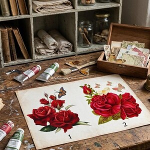 Könnte beinhalten: Ein rechteckiges Blatt Papier mit zwei verschiedenen botanischen Illustrationen von roten Rosen und Schmetterlingen, die mit den Zahlen 1 und 2 beschriftet sind. Das Papier liegt auf einem Holztisch, umgeben von Farbtuben, Pinseln und einer Holzbox.