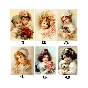 May include: A selection of six vintage portraits of children. The images depict children with flowers, hats, and a small dog. The colour palette includes soft pastels and warm tones, creating a nostalgic and charming aesthetic. These portraits are ideal for wall art or vintage decor.