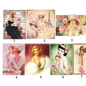Könnte beinhalten: Eine Sammlung von Kunstdrucken im Vintage-Stil mit elegant gekleideten Frauen, Hüten und Blumenarrangements. Die Bilder evozieren ein Gefühl von klassischer Schönheit und Romantik, mit sanften Farben und einer Retro-Ästhetik.