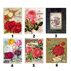 Könnte beinhalten: Eine Sammlung von sechs Vintage-Botanikausdrucken mit Rosen. Jeder Druck zeigt eine andere Rosensorte mit unterschiedlichen Farben und Anordnungen. Einige Drucke enthalten Text wie "Iowa Seed Co" und "Peter Henderson & Co."