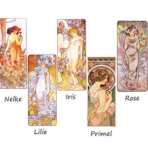 May include: Five vintage art nouveau style bookmarks featuring women and flowers. The bookmarks are labelled "Nelke", "Lillie", "Iris", "Primel", and "Rose".