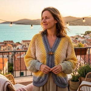 May include: A long-sleeved crochet cardigan featuring a gradient color pattern that transitions from yellow at the top to light gray and dark gray at the bottom. The garment has a ribbed gray trim along the front opening and a decorative amber-colored brooch.