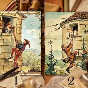Könnte beinhalten: Zwei Vintage-Illustrationen, die eine Märchen-Szene zeigen, in der eine Person an einem Seil zu einem Turmfenster hochklettert. Die Bilder sind mit 1 und 2 nummeriert. Der Hintergrund umfasst Stoffmuster, Garnrollen und Nähwerkzeuge.