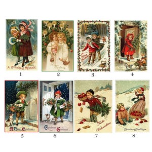 Könnte beinhalten: Eine Sammlung von acht Vintage-Weihnachtskarten. Jede Karte zeigt Kinder in Winterszenen, mit Texten wie "A Christmas Message" und "Frohe Weihnachten". Die Karten zeigen klassische Feiertagsbilder.