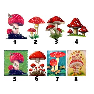 May include: A collection of eight illustrations of red and white spotted mushrooms. Each mushroom illustration has a different design, with varying sizes and arrangements. Some have butterflies and grass.