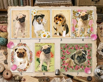 Nostalgische hondenapplicaties, patches en collages van mopshondjes als opnaai-items voor patchwork-doe-het-zelfprojecten. Exclusieve ontwerpen voor hondenliefhebbers.