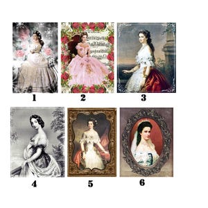 Pode incluir: Uma coleção de seis retratos de mulheres em vestidos elegantes. As imagens variam em estilo, incluindo pinturas coloridas e esboços em preto e branco. Alguns retratos são emoldurados, outros em fundos florais ou musicais.