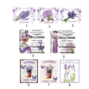 Könnte beinhalten: Eine Sammlung von acht rechteckigen Etiketten mit Lavendel-Illustrationen. Die Designs zeigen violette Lavendelzweige, Porträts im Vintage-Stil mit Text wie Eau de Lavande sowie Lavendeltöpfe mit Schmetterlingen und dem Text Lavender Farmer's Pride.