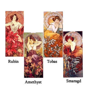 Könnte beinhalten: Vier Vintage-Illustrationen im Jugendstil mit Frauen vor floralem Hintergrund. Die Illustrationen sind mit "Rubin", "Amethyst", "Tobias" und "Smaragd" beschriftet.