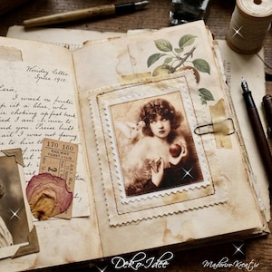 May include: An open journal with aged, stained paper pages featuring handwritten cursive text, a vintage photograph of a person with a bird and apple, a railway ticket, a dried rose petal, a botanical illustration, and a metal paperclip.