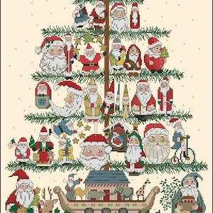 May include: A cross-stitch pattern of a Christmas tree decorated with antique Santa ornaments. The tree is decorated with a variety of ornaments, including Santas, reindeer, and other Christmas symbols. The tree is surrounded by a garland of holly and berries. The text "Antique Santas" is written at the bottom of the image.