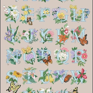 Può includere: Campione di alfabeto a punto croce con le lettere dalla A alla Z in azzurro, ognuna adornata con fiori e farfalle colorate. Il disegno è ambientato su uno sfondo neutro, creando un pezzo vibrante e decorativo.