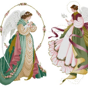 May include: Two cross-stitch images of angels. One angel holds a baby, framed by a floral wreath. The other angel holds a dove, with flowing ribbons. Both angels wear long gowns in shades of green, pink, and cream, with white wings.