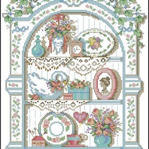 May include: A white, blue, and brown decorative shelf with a white bird, a clock, a plate, a vase of flowers, and a framed picture. The shelf is decorated with lace and floral accents.