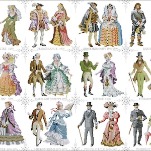 May include: A chart showing the evolution of fashion from the Late Gothic period (1450) to the Jugendstil period (1900-1910). Each section features a couple in period clothing, with the man on the left and the woman on the right.