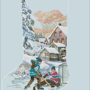 May include: A winter scene with two boys playing hockey on a frozen pond. The pond is in front of a small village with a water wheel. The sky is a soft pink and orange.