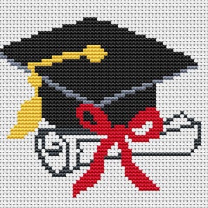 May include: Cross-stitch design of a graduation cap with a gold tassel and a red bow, and a diploma. The cap is black, the tassel is gold, and the bow is red. The diploma is white with black detailing.