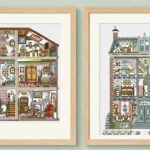 Set van 2 poppenhuizen kruissteekkaart digitaal pdf-patroon