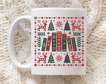 Cottagecore Christmas Book Mug | Cozy Book Lover Gift | Folk Art Holiday Coffee Cup | Festive Bookish Mug for Readers
