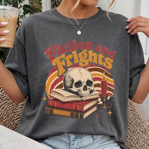 Fiction and Frights Shirt, Halloween Book Lover Shirt, Spooky Reader Tee, Comfort Colors Bookish Shirt, Skull Reading Shirt, Reader Gift