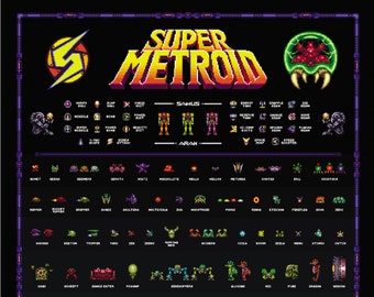 Super Metroid - Retro Super Nintendo SNES Style Poster Samus Ridley Mother Brain