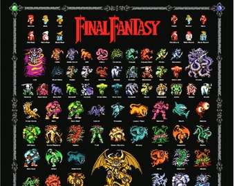 Final Fantasy 1 Retro NES Style Poster 4 Fiends Chaos Monsters & Heroes FF1 Wow