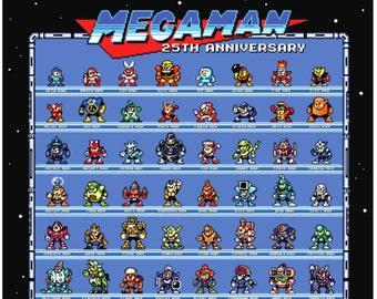 Mega Man 25th Anniversary Retro Poster - Robot Masters 1-10 + More Rock Man Wow