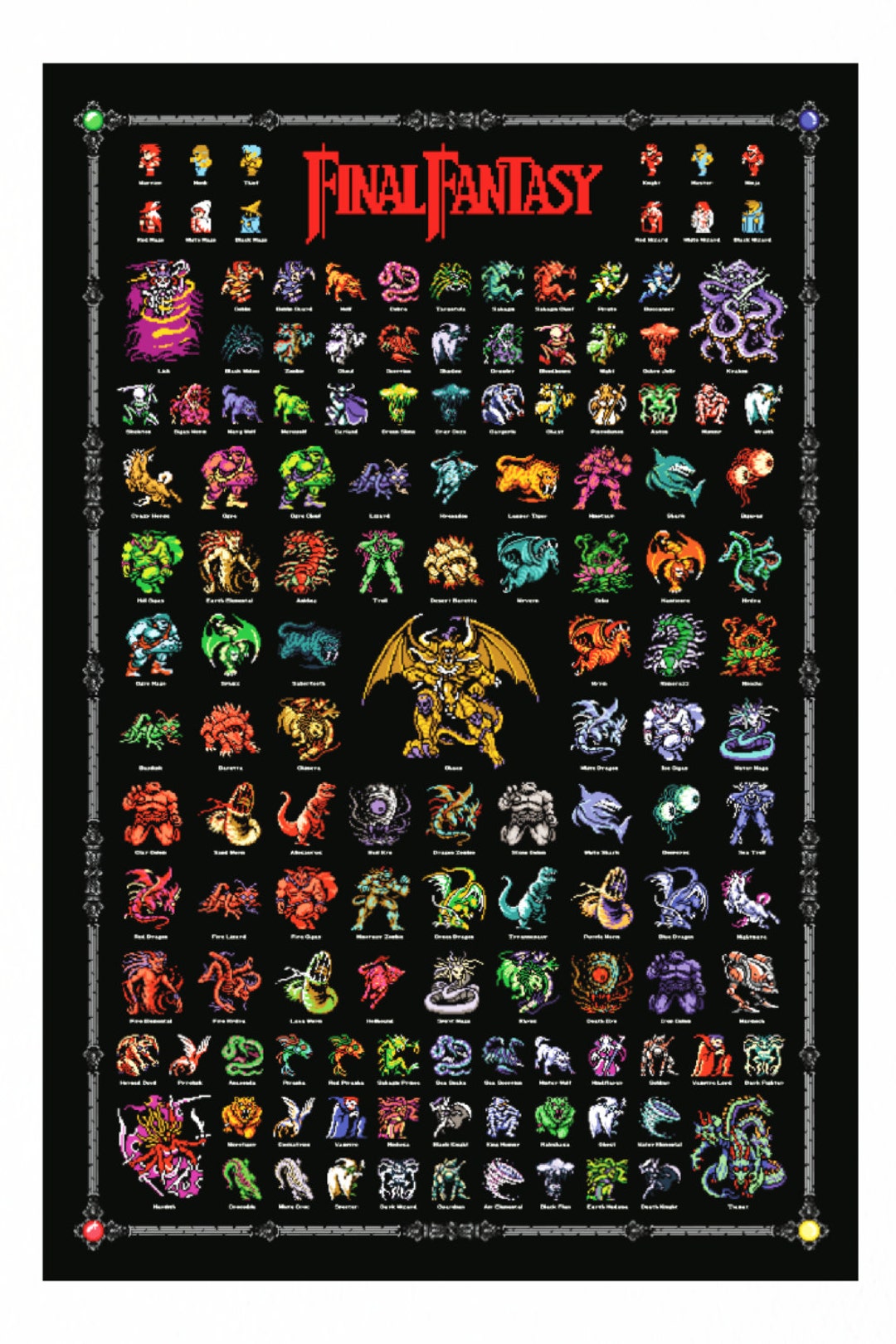 Final Fantasy 1 Retro NES Style Poster 4 Fiends Chaos Monsters & Heroes FF1  Wow 