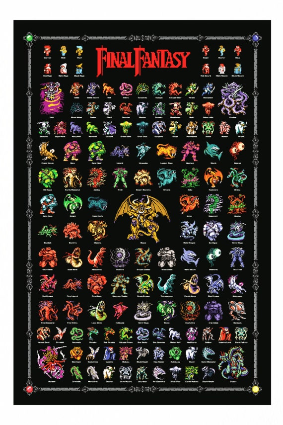 Final Fantasy 1 Retro NES Style Poster 4 Fiends Chaos Monsters & Heroes FF1  Wow