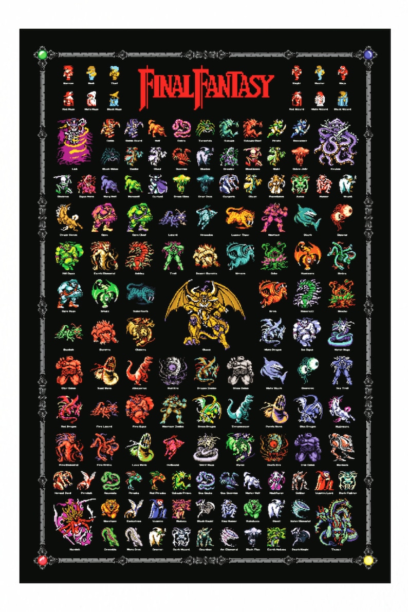 Final Fantasy 1 Retro NES Style Poster 4 Fiends Chaos Monsters & Heroes FF1 Wow image 1