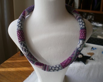 Patchwork Patterned Beaded Crochet Necklace