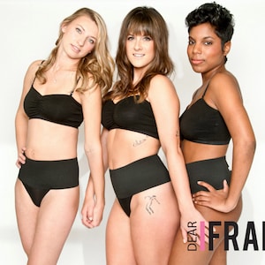 May include: Three women wearing black underwear with different styles. The underwear has a high waist and a smooth, seamless design. The women are standing in front of a white background.