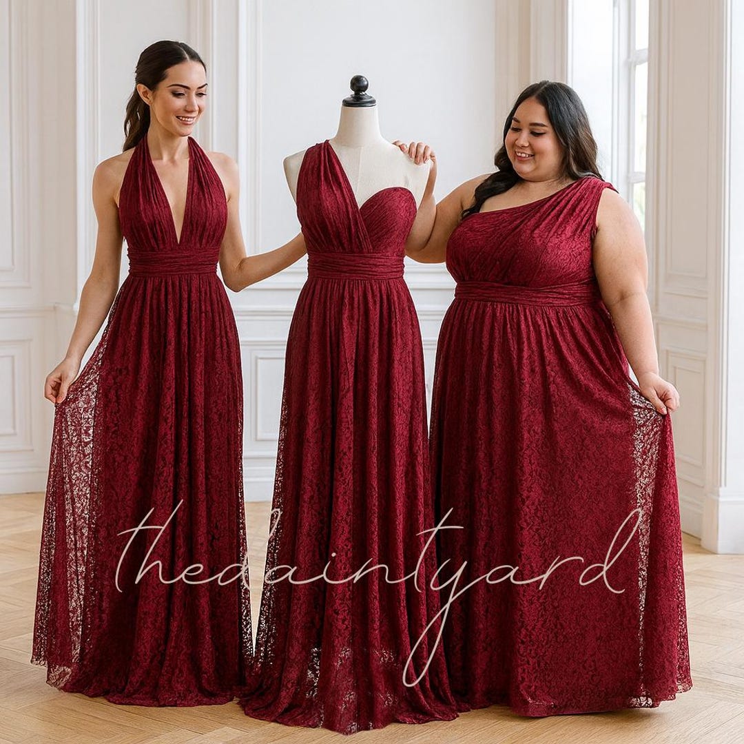 red lace long bridesmaid dresses Mermaid Sweep Train Lace Long Sleeve Burgundy Bridesmaid Dresses US8 / Custom Color