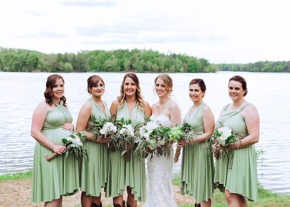Tdy Sage Green Short Asymmetrical Bridesmaid Dress Convertible Etsy