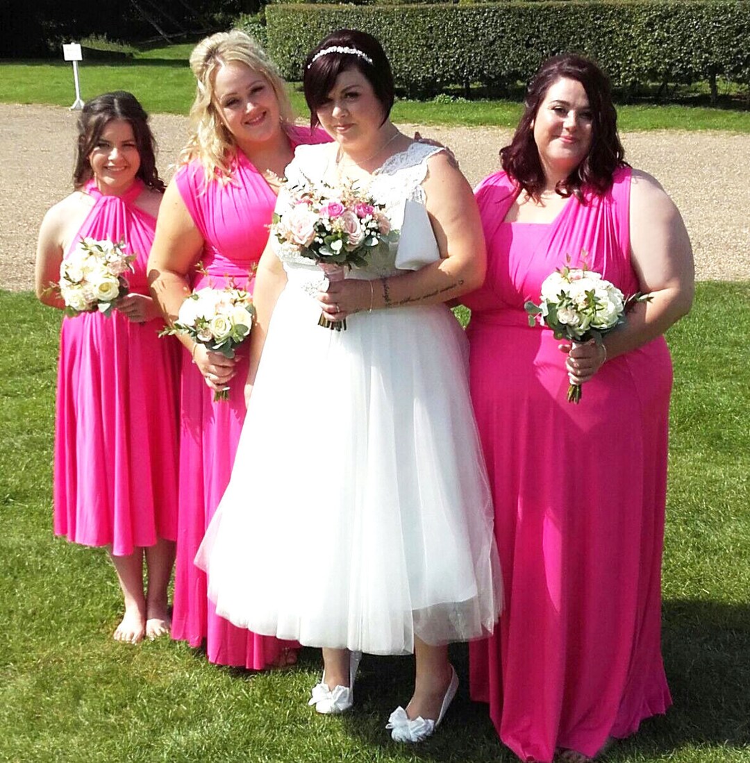 Short Bridesmaid Dress with Flutter Sleeves Fuchsia Plus Size