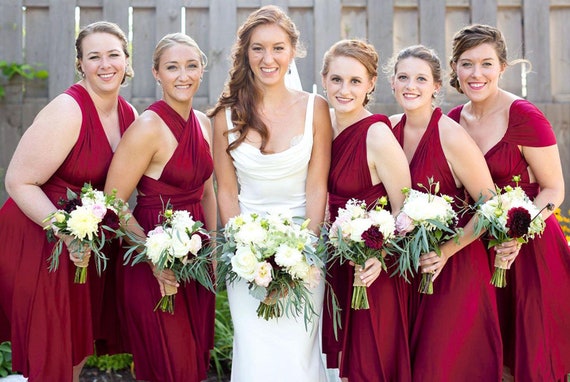 Beautiful Infinity dress Bridesmaid bright coral red stretch lycra