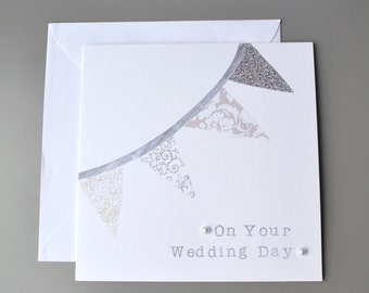 Wedding Card with silver bunting and pearl embellishments