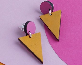 Contrast bright colour dangly triangle earrings
