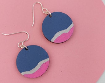 Blue and pink wooden circle dangly earring