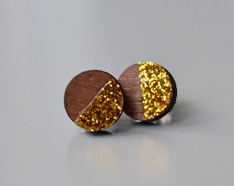 Gold Glitter Half Circle Stud Earrings