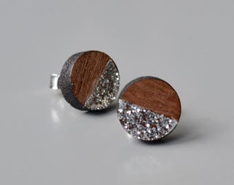 Wood and silver glitter stud earrings