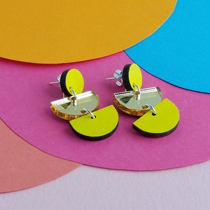 Yellow semicircles dangly earring with gold mirror image 2