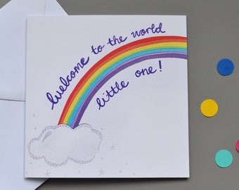 New baby card with rainbow, welcome to the world