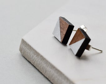 Square Walnut Stud Earrings with Silver Leaf