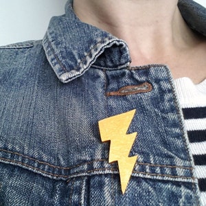 Colourful Lightning Bolt Brooch wooden Gold