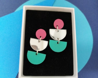 Pink and turquoise earring - semicircles dangly earring with silver mirror