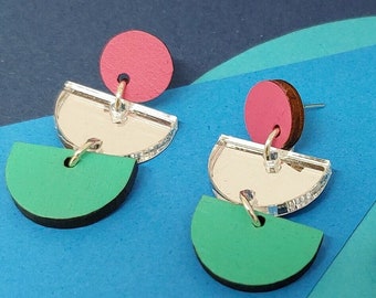 Pink and turquoise earring - semicircles dangly earring with silver mirror