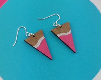 Wooden triangle dangly earrings with pink